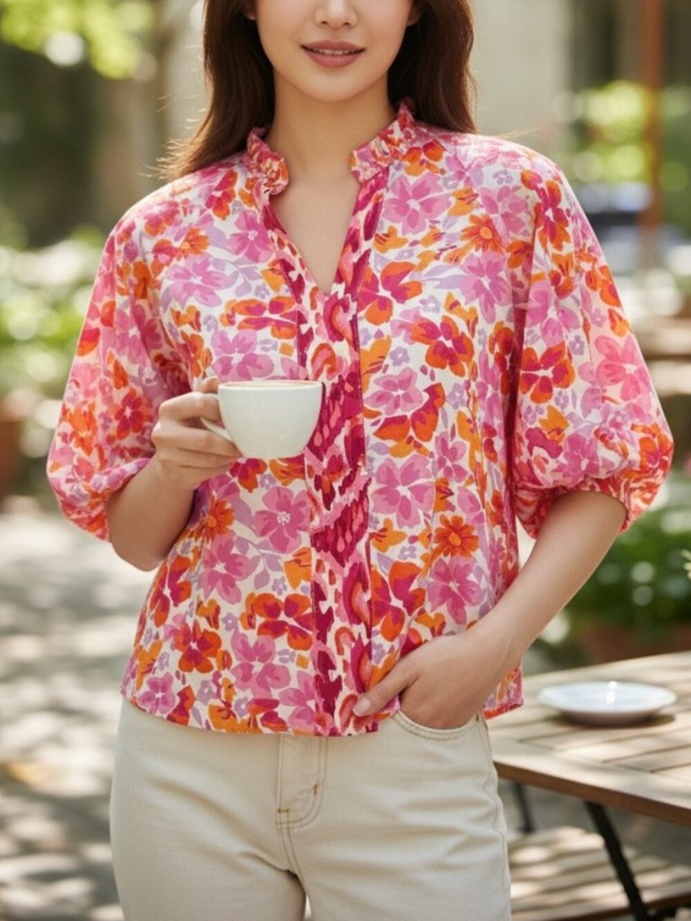 THML Womens Small Pink Floral Flutter Sleeve Boho Peasant Blouse Rayon Top